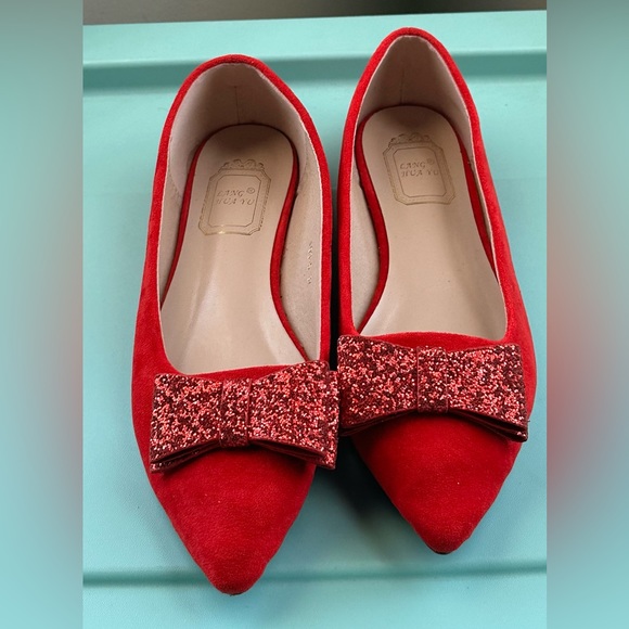 Glittery Red Bow Women’s Flat shoes Lang Hua Yu - Picture 2 of 7
